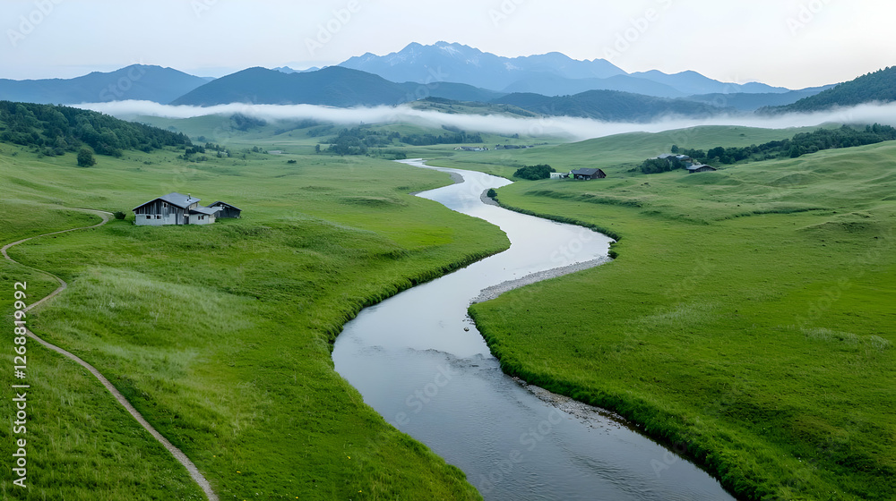 River meandering through green valley, mountain backdrop, rural houses, misty morning River meandering through green valley, mountain backdrop, rural houses, misty morning