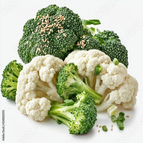 Fresh Green and White Cruciferous Vegetables: Broccoli and Cauliflower with Sesame Seeds on a Light Background photo