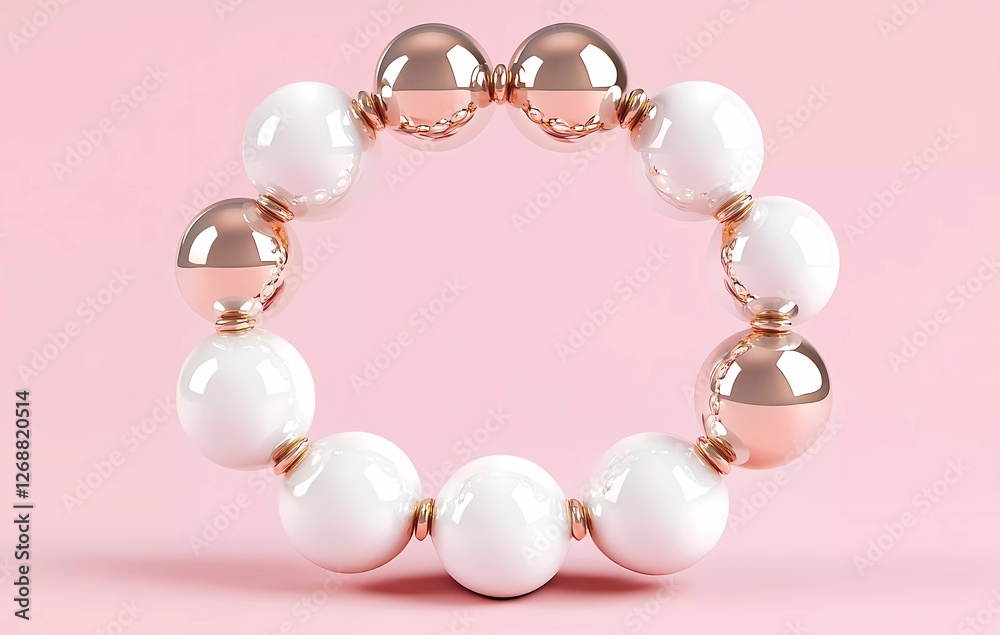 3D rendering of white and rose gold spheres arranged in an arch around the edge of a circle on a pink background. Minimalist style. 3D rendering of white and rose gold spheres arranged in an arch around the edge of a circle on a pink background. Minimalist style.