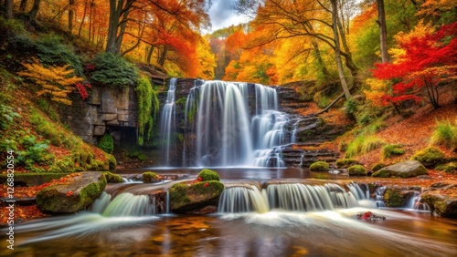 autumn waterfall surrounded by colorful trees and fallen leaves, fall season, forest floor