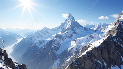 Sun at zenith, Mountain range snow peaks midday sun clear view photorealistic.