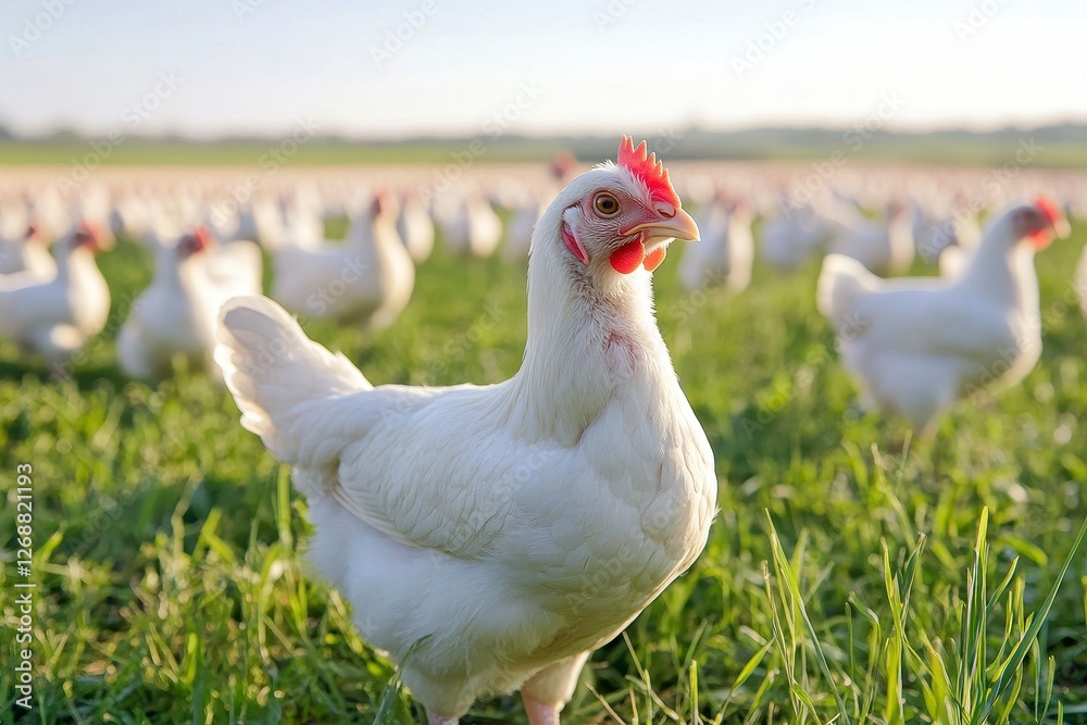 Fototapeta premium White Chicken in a Lush Green Pasture