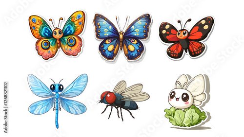Adorable Insect Stickers Butterflies, Dragonfly, Fly, and Silkworm