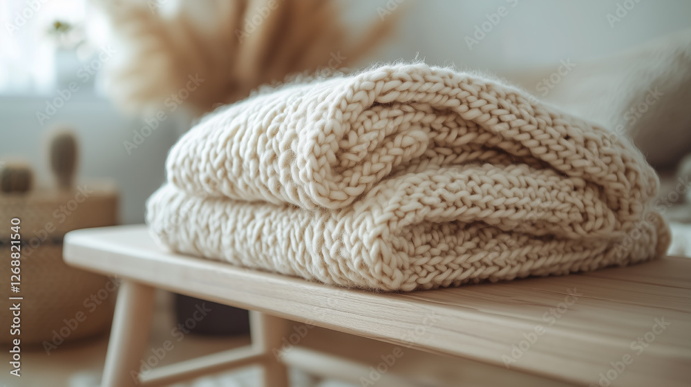 Soft knitted blanket neatly folded on a wooden table with cozy home decor in a sunlit living room. Generative AI Soft knitted blanket neatly folded on a wooden table with cozy home decor in a sunlit living room. Generative AI