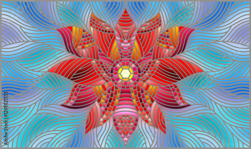 Illustration in stained glass style with bright red abstract flower on blue wavy background