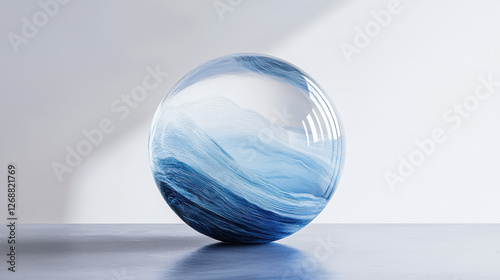 A breathtaking handcrafted glass sphere, featuring fluid icy blue and white patterns, positioned elegantly on a monochrome surface