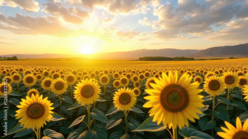 Fototapeta premium Sun at zenith, Sunflower field blooms under midday sun clear horizon photorealistic.