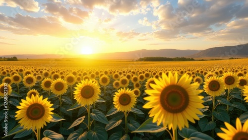 Sun at zenith, Sunflower field blooms under midday sun clear horizon photorealistic.