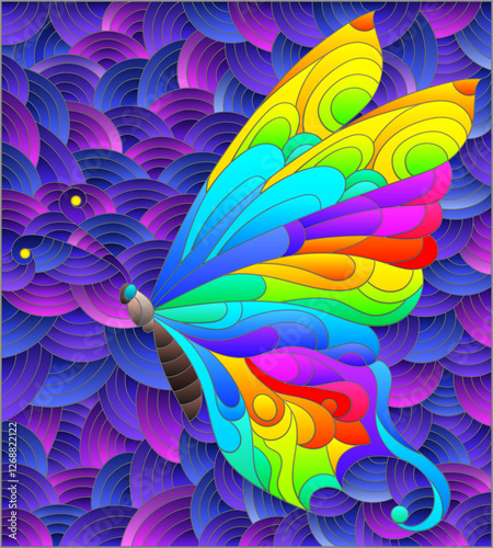 An illustration in the style of a stained glass window with a bright butterfly on a blue wavy background