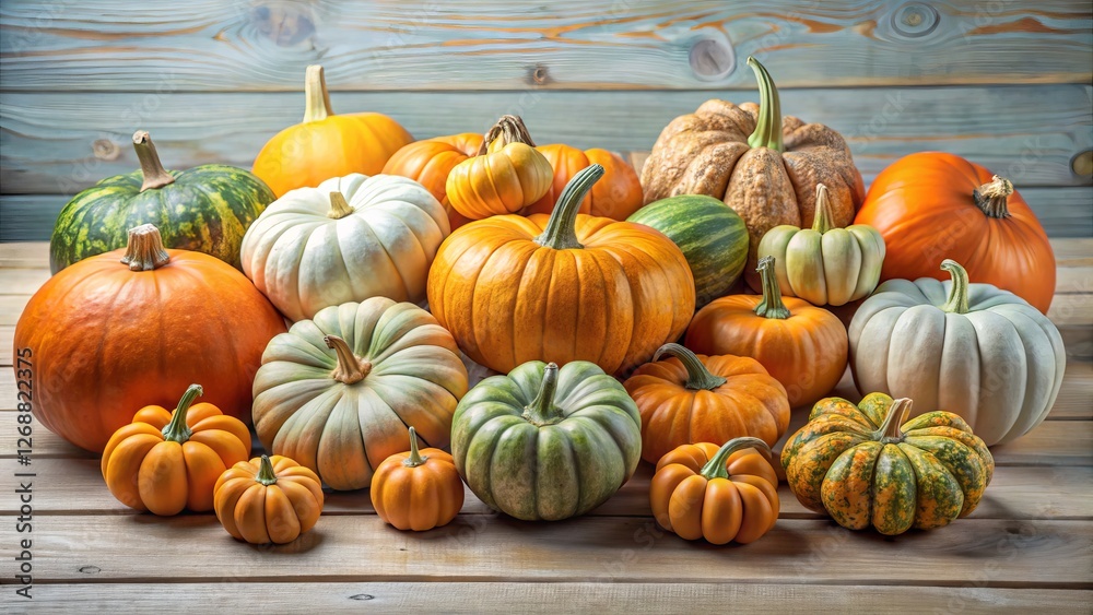Diverse Array of Pumpkins Displayed on Wooden Surface with Colors Diverse Array of Pumpkins Displayed on Wooden Surface with Colors