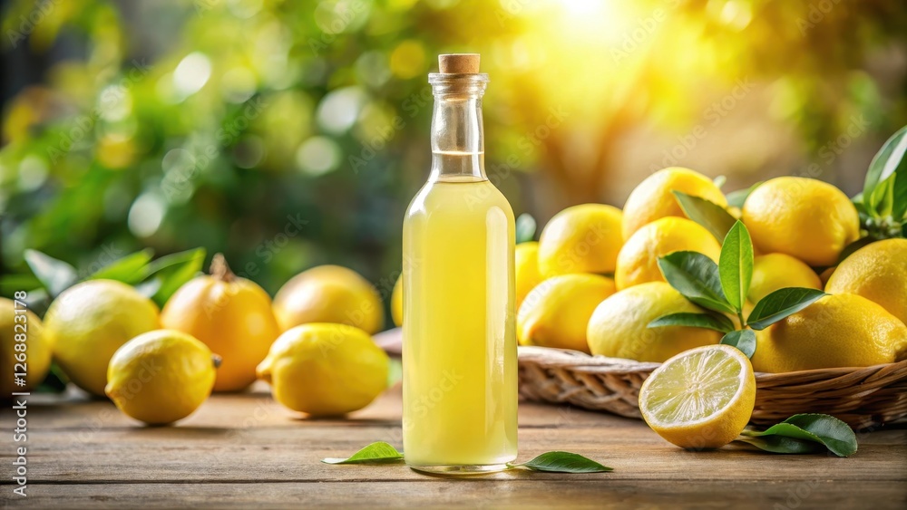 Close-up of a bottle of Italian limoncello with fresh lemons in the background, yellow, refreshing, yellow Close-up of a bottle of Italian limoncello with fresh lemons in the background, yellow, refreshing, yellow
