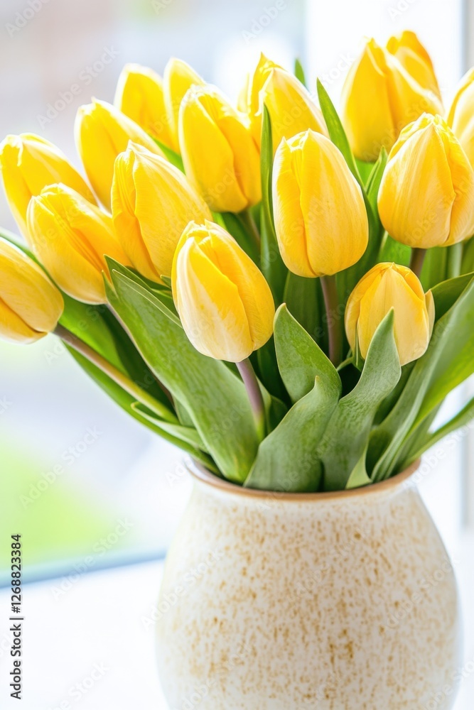 Elegant bouquet of fresh yellow tulips in a vintage ceramic vase capturing the essence of a bright and cozy atmosphere Elegant bouquet of fresh yellow tulips in a vintage ceramic vase capturing the essence of a bright and cozy atmosphere