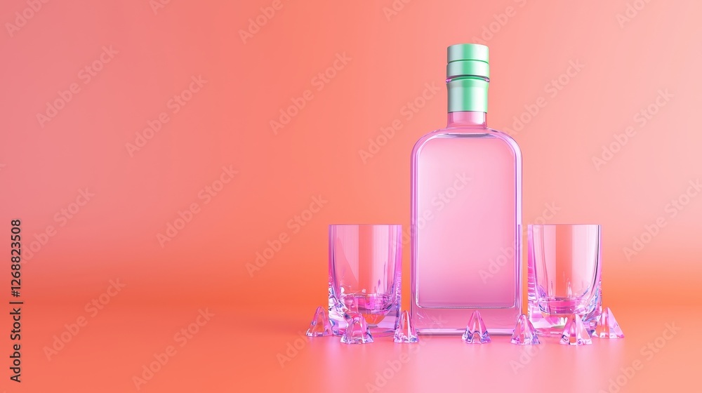 Pink Liquor Bottle with Glasses and Ice on Coral Background Minimalist Drink Concept Pink Liquor Bottle with Glasses and Ice on Coral Background Minimalist Drink Concept