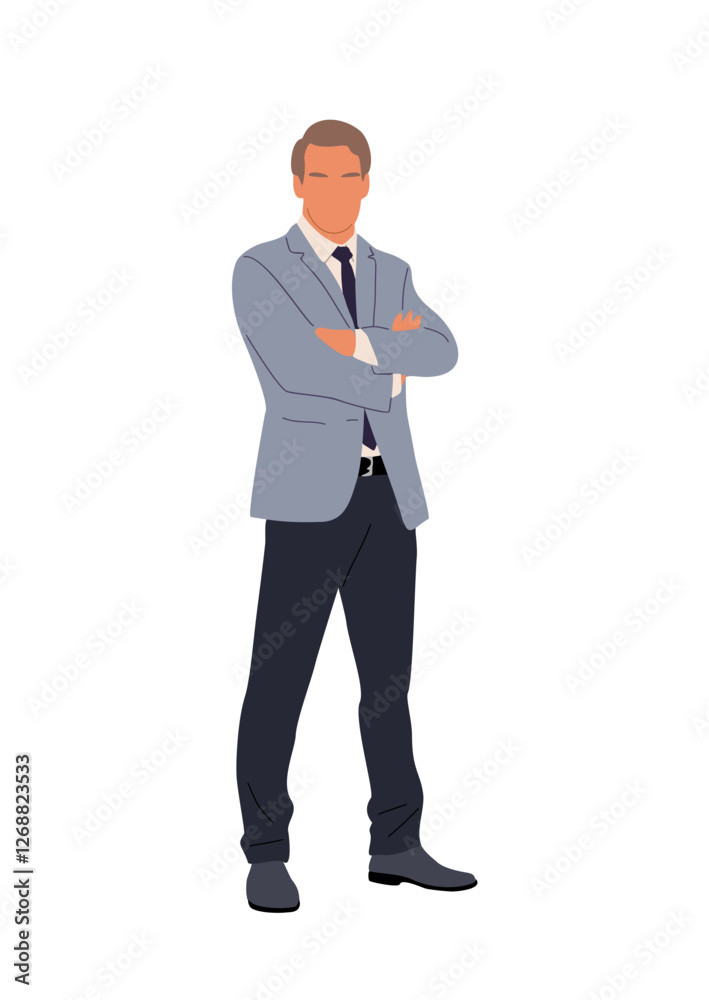 Businessman character standing in confident pose. Handsome business man in formal suit with his arms crossed. Vector realistic colorful illustration isolated Businessman character standing in confident pose. Handsome business man in formal suit with his arms crossed. Vector realistic colorful illustration isolated