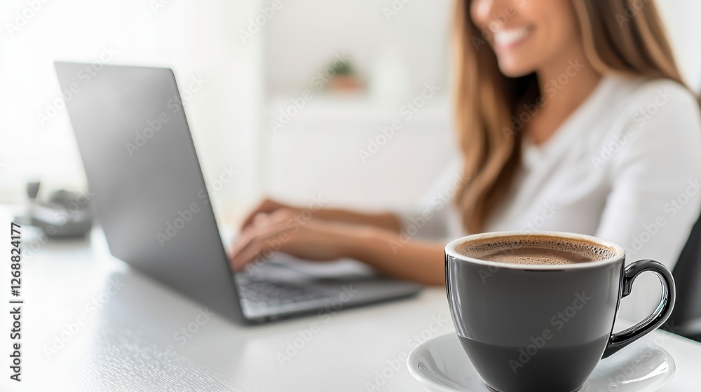Smiling Woman Working on Laptop with Coffee in Bright Office Smiling Woman Working on Laptop with Coffee in Bright Office