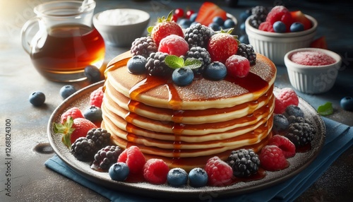 Wallpaper Mural A cozy morning scene with a plate of thick pancakes covered in berries and syrup Torontodigital.ca