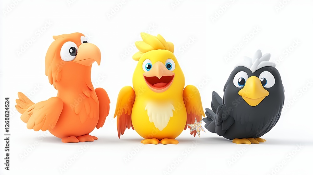 Fototapeta premium Three Playful Cartoon Birds Orange, Yellow, and Black Voxel Art
