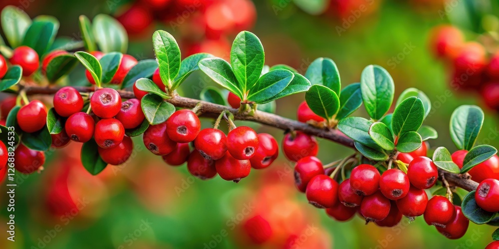 Obraz premium Vibrant bright red berries of bearberry cotoneaster with lush green leaves hanging from a slender stem, foliage, bush, foliage
