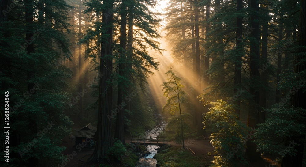 Naklejka premium Sun Rays Shining Through Tall Redwood Trees in a Lush Forest