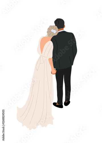 Happy Wedding couple standing rear view. Bride and groom in formal clothes on wedding day, marriage ceremony , back side. Realistic vector illustration isolated on transparent background.