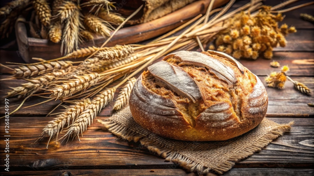 Crusty rustic bread sitting on a wooden table surrounded by wheat stalks and dried herbs, nature, table, nature, table Crusty rustic bread sitting on a wooden table surrounded by wheat stalks and dried herbs, nature, table, nature, table