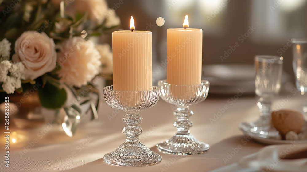 Elegant candlelit dinner setting with soft ambient light and floral centerpiece. Generative AI Elegant candlelit dinner setting with soft ambient light and floral centerpiece. Generative AI
