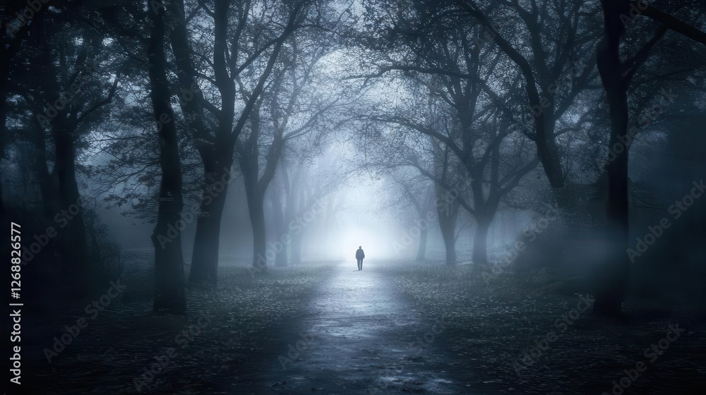 Obraz premium Forest background image showing a dark, misty forest with a lone figure standing between towering trees on an empty path