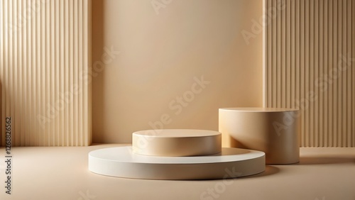 A minimalist beige podium features cylindrical objects on a neutral background, background, presentation,  background