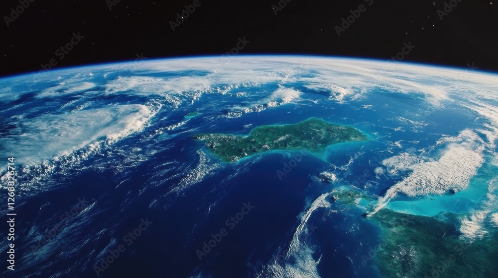 Obraz premium View of a beautiful tropical island surrounded by vibrant blue ocean and clouds from space at dawn. Generative AI
