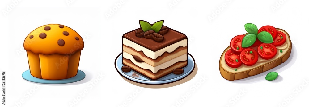 Delicious food icons featuring a chocolate chip muffin, a layered tiramisu topped with coffee beans, and a tomato and basil bruschetta. Delicious food icons featuring a chocolate chip muffin, a layered tiramisu topped with coffee beans, and a tomato and basil bruschetta.