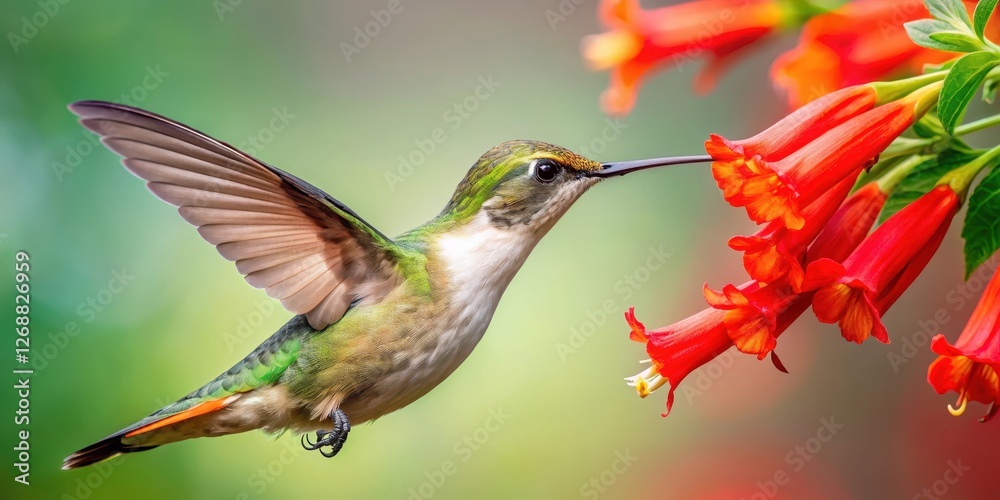 Fototapeta premium Close-up shot of a hummingbird drinking from a trumpet-shaped flower with bright red petals against a soft white background, colorful blooms, flowers close up