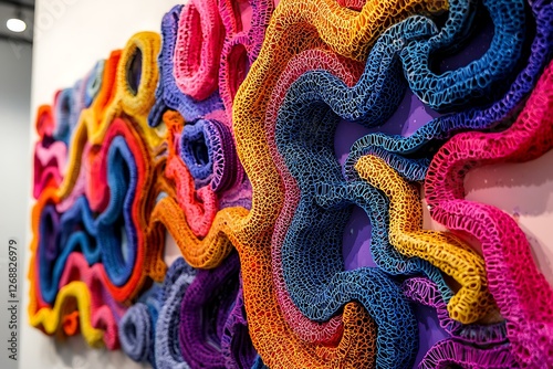 Contemporary wall art with vibrant colored latex fibers forming ornate patterns