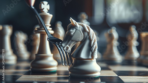 A knight is being forked by a black pawn. The knight is in the middle of the board, and the pawn is on the seventh rank.