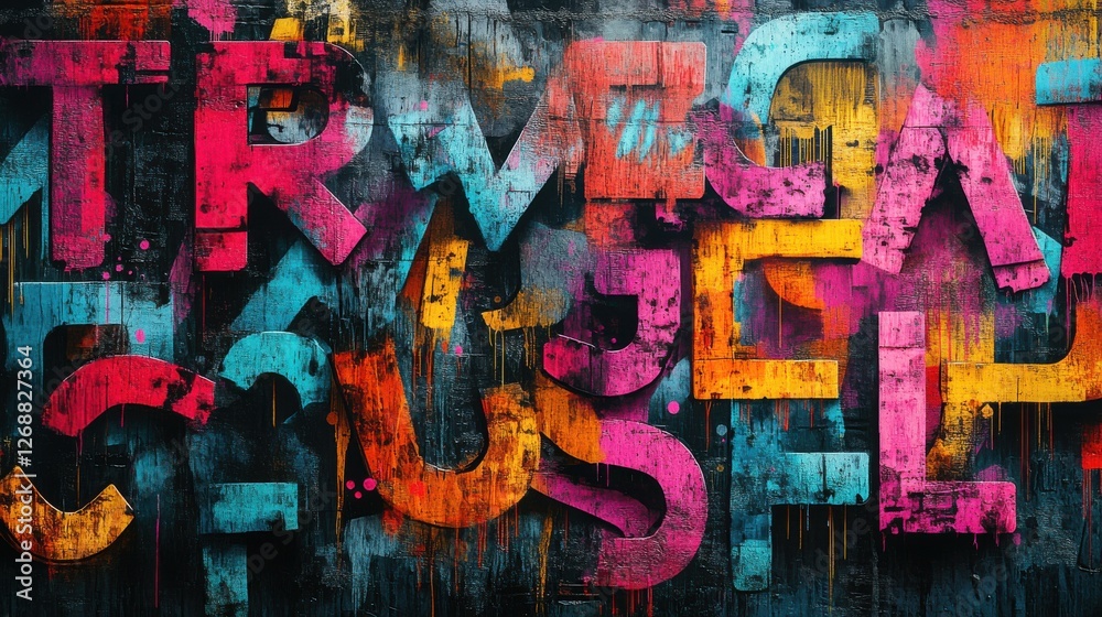 Fototapeta premium Vibrant Graffiti Art Explosion, Urban Street, Digital Artwork, Colorful Environment, Close-up View, Creative Expression
