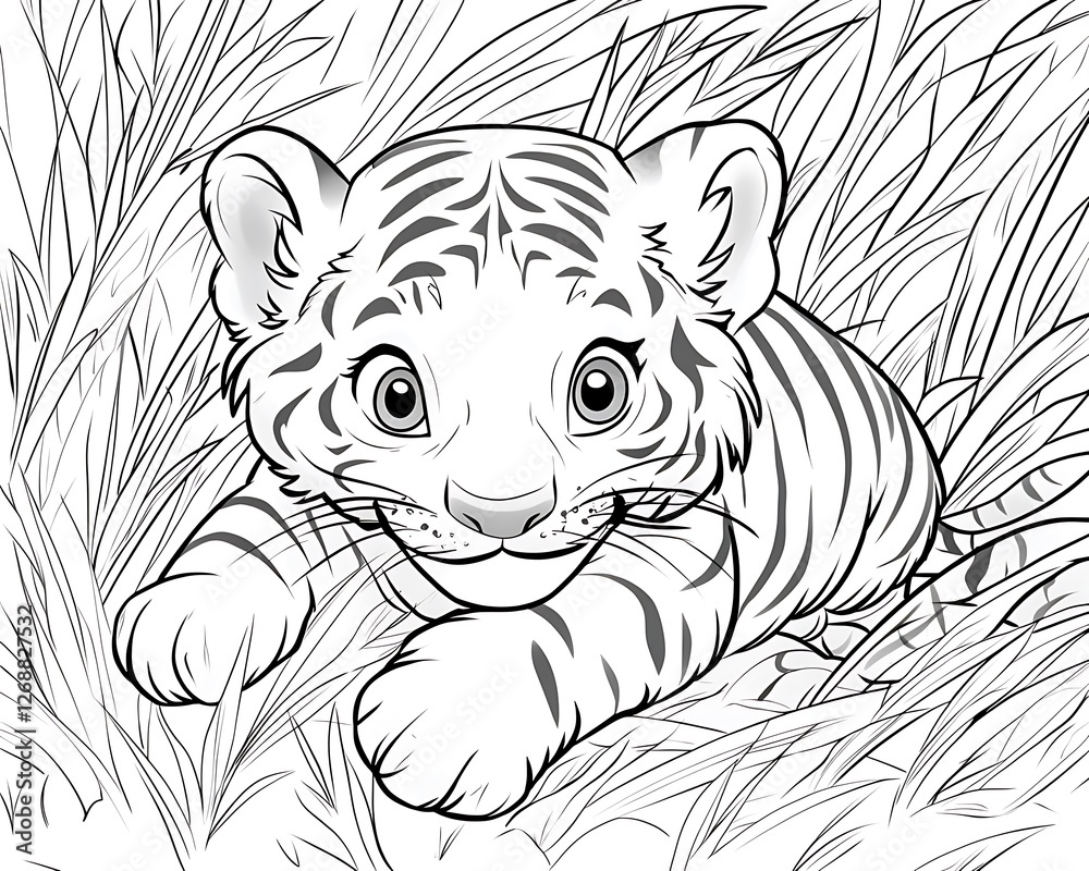 Obraz premium Adorable Baby Tiger Cub Exploring a Lush Green Jungle Environment