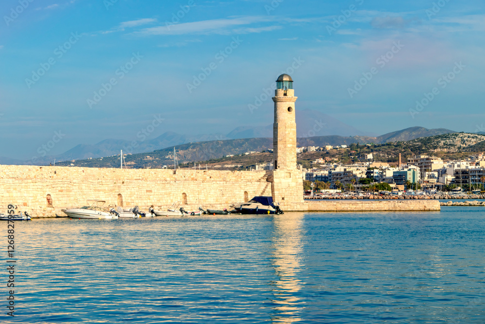 September 10, 2018. Greece. Rethymnon. A serene and picturesque Mediterranean harbor, complete with a lighthouse and vibrant fishing boats