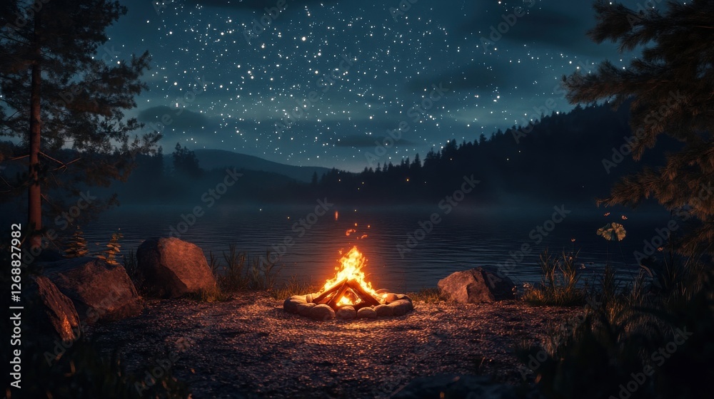 Cozy campfire glowing under a starry night sky by the tranquil lake surrounded by mountains Cozy campfire glowing under a starry night sky by the tranquil lake surrounded by mountains