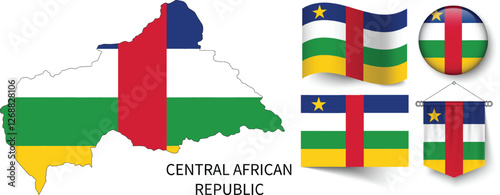 The different designs of Central African Republic's national flags and the map showing Central African Republic's borders