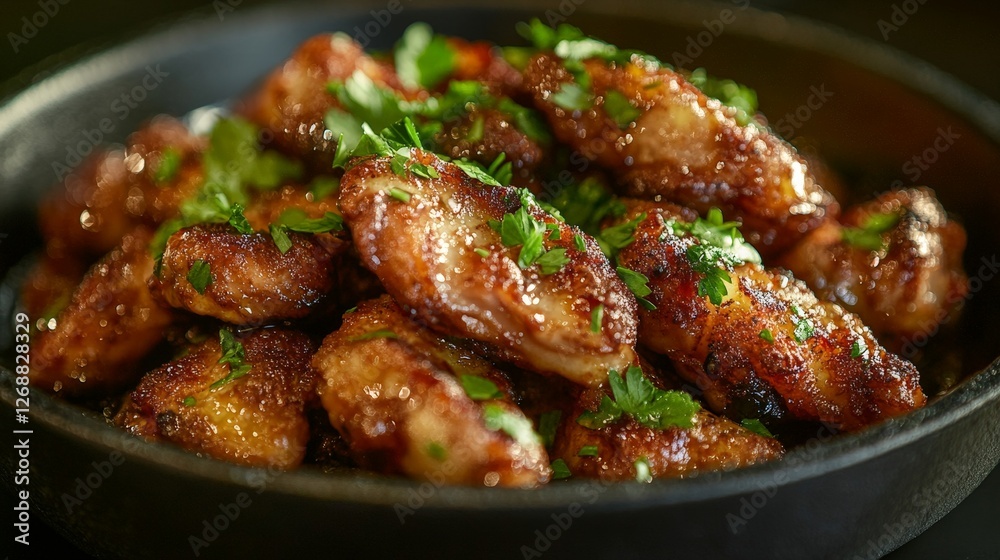 A close-up of crispy chicken wings garnished with fresh herbs. A close-up of crispy chicken wings garnished with fresh herbs.