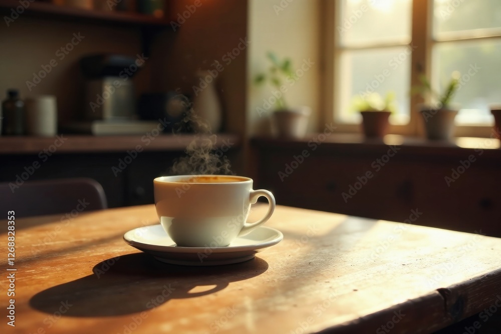 Aromatic coffee steaming in a white cup on a sunlit wooden table Aromatic coffee steaming in a white cup on a sunlit wooden table