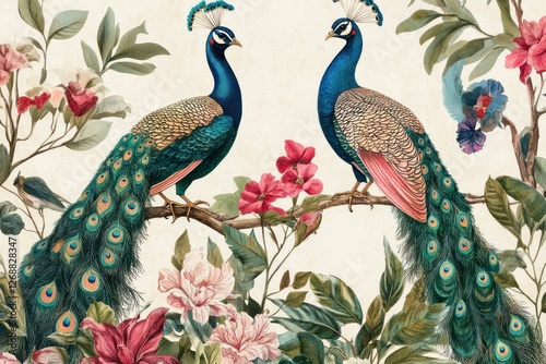 Elegant hand-drawn canvas design with detailed botanical patterns, colorful peacocks, and exotic birds for a classic vintage wallpaper.