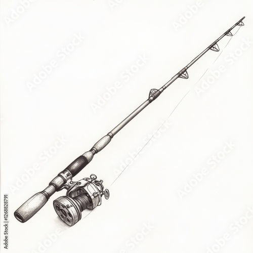 Detailed drawing of a fishing rod with a reel and hook, perfect for angling adventures by the water photo