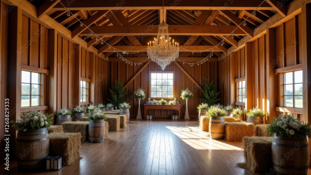 Fototapeta premium Wedding photography booth, Rustic barn with hay bales and string lights