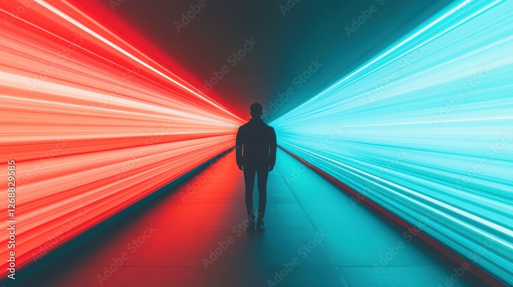 A Futuristic Scene with a Person Standing Still as Streaks of Light Representing Rapid Technological Advancement Rush Past in a Dynamic Setting A Futuristic Scene with a Person Standing Still as Streaks of Light Representing Rapid Technological Advancement Rush Past in a Dynamic Setting