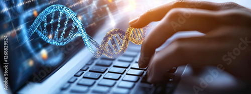 Genetic Research Data Analysis on Laptop Computer Screen Showing DNA Helix
