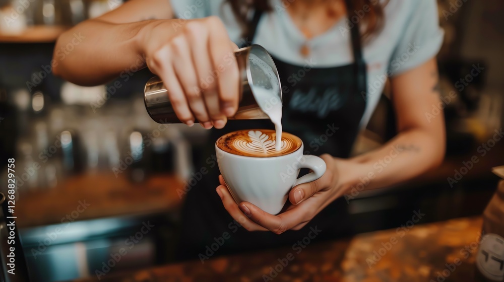 Barista pouring milk into a cup of coffee to create latte art. Barista pouring milk into a cup of coffee to create latte art.