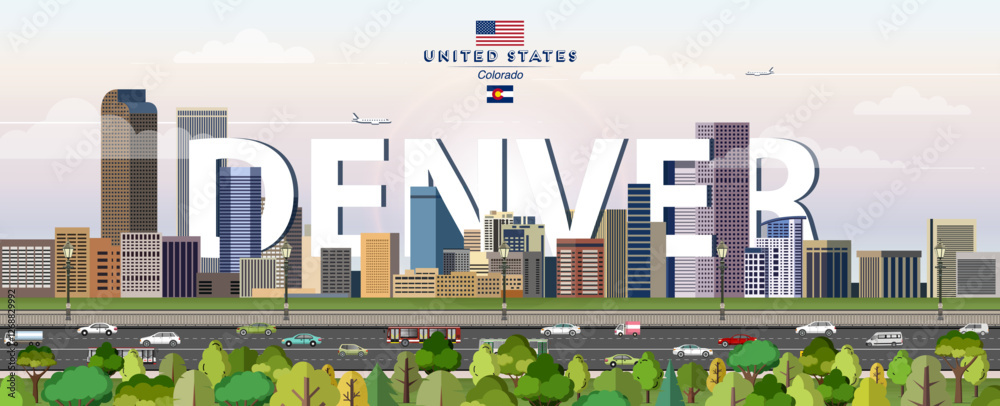 Denver city skyline colorful vector illustration. Travel poster