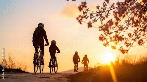 Family Cycling at Sunset A Silhouette of Joy and Adventure