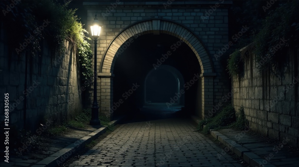 Obraz premium A solitary lamp illuminates a mysterious cobblestone path leading through a series of dark arched brick passageways at night