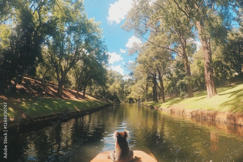 Koala enjoying a serene canal boat ride through lush Australian trees Koala enjoying a serene canal boat ride through lush Australian trees